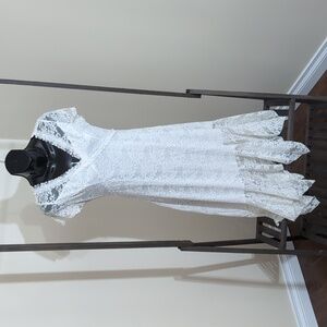Vintage White Lace Maxi Short Sleeved Dress With Semi Sheer Sleeves